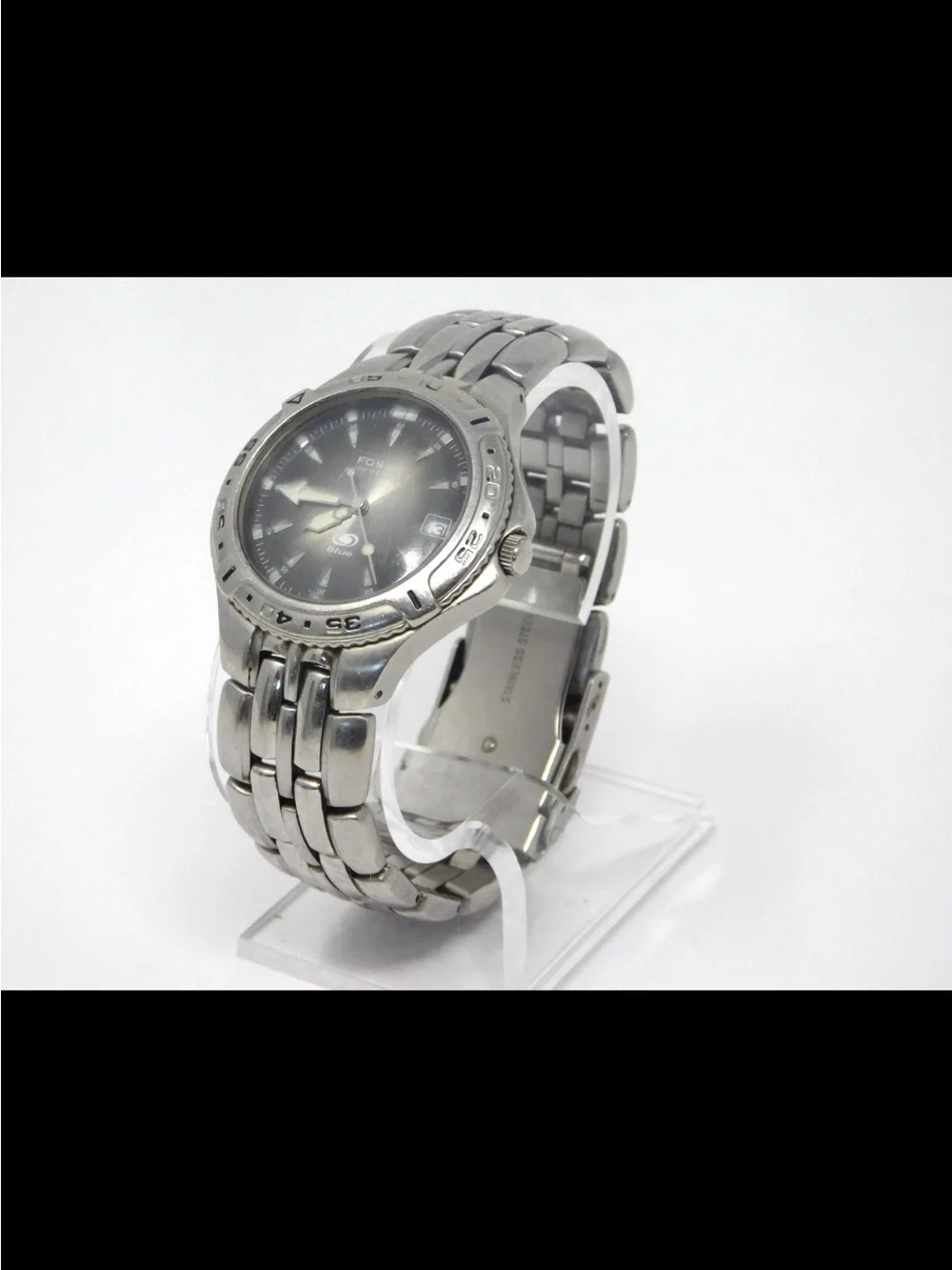 Fossil Blue Mens Watch AM-3624 Vintage Luminous Stainless Steel Black Dial 100m